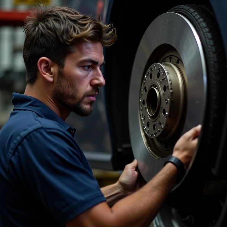 Discos de freio empenados com marcas de calor sendo inspecionados.