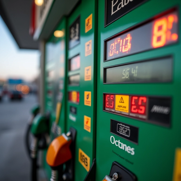 Display de octanagem em um posto de gasolina, mostrando combustível de alta octanagem.