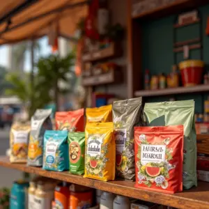 Diversas embalagens criativas de produtos em uma banca de mercado vibrante.