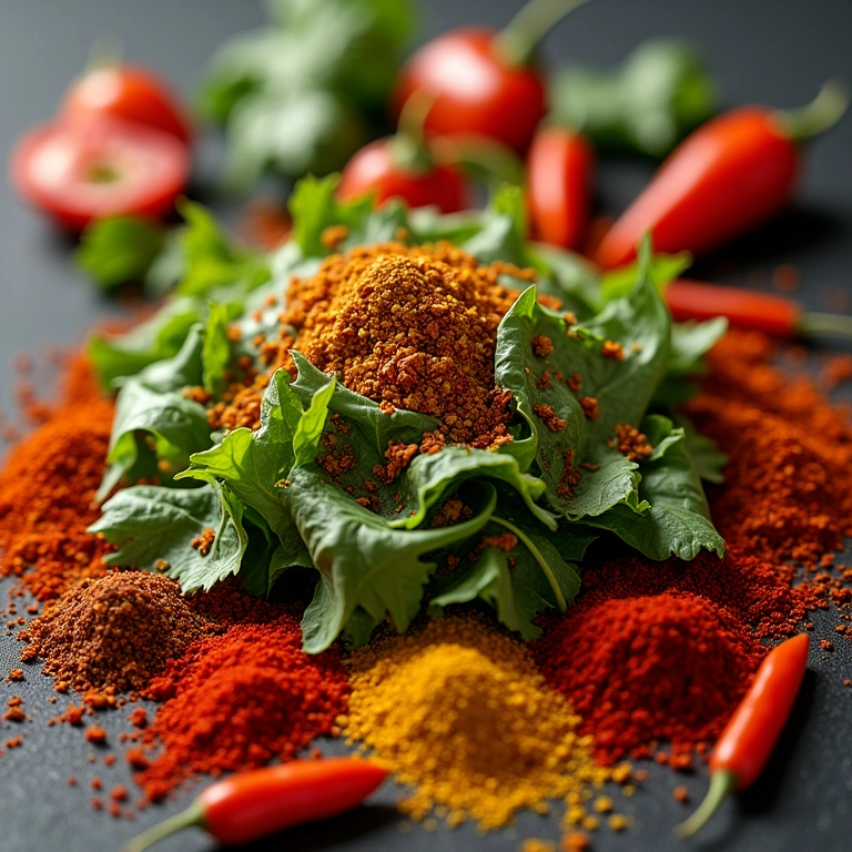 Diversas especiarias (páprica, cominho, pimenta calabresa) ao redor de uma salada.