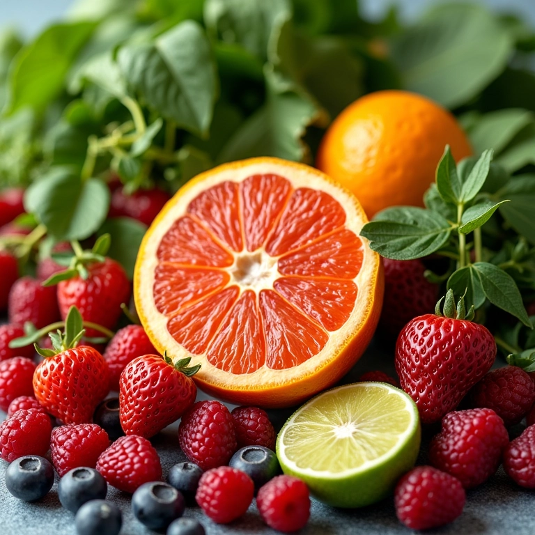 Diversas frutas e vegetais ricos em antioxidantes dispostos artisticamente.