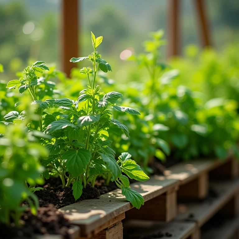 Diversas plantas cultivadas em uma horta vertical de pallet.