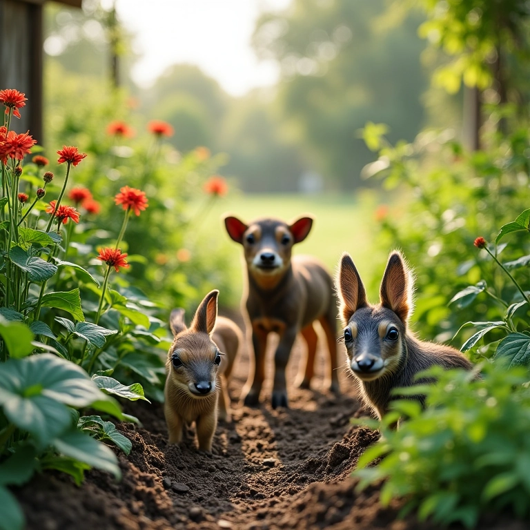 Diversas plantas e animais prosperando juntos em uma fazenda de permacultura.