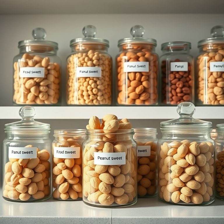 Diversos doces de amendoim em potes de vidro, armazenados de forma organizada.
