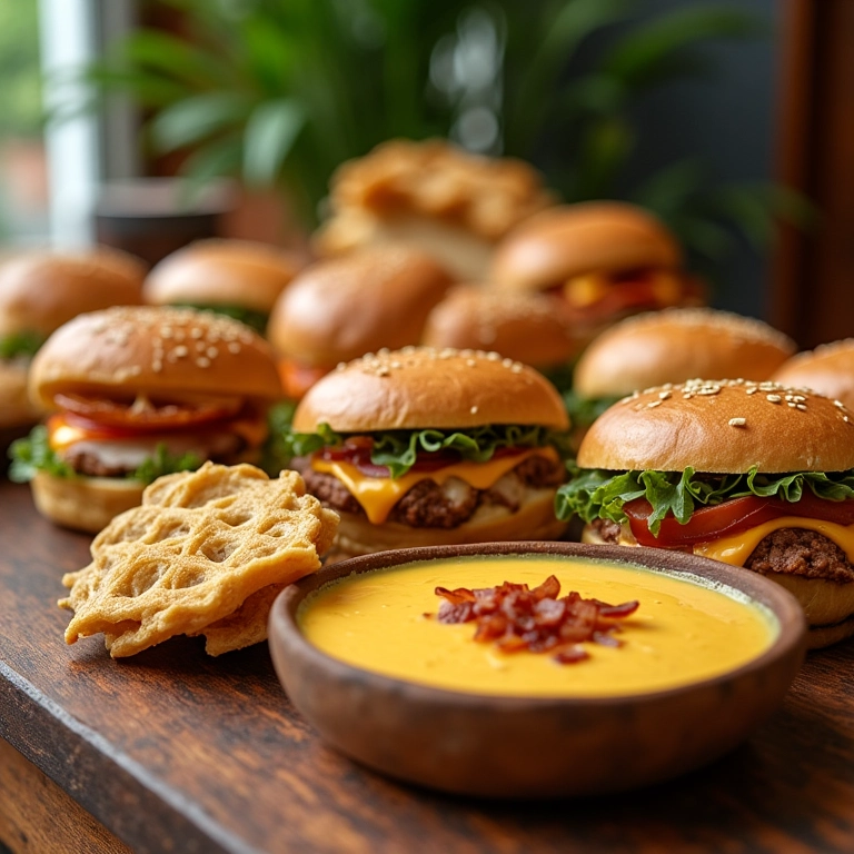 Diversos lanches acompanhados do delicioso molho de queijo com bacon.