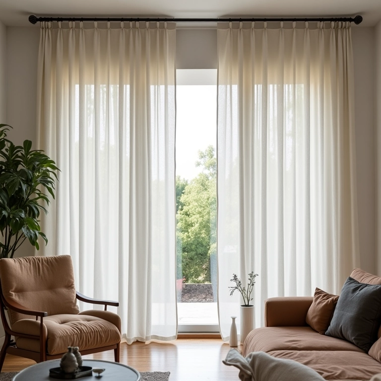 Diversos modelos de cortinas em uma sala de estar moderna.