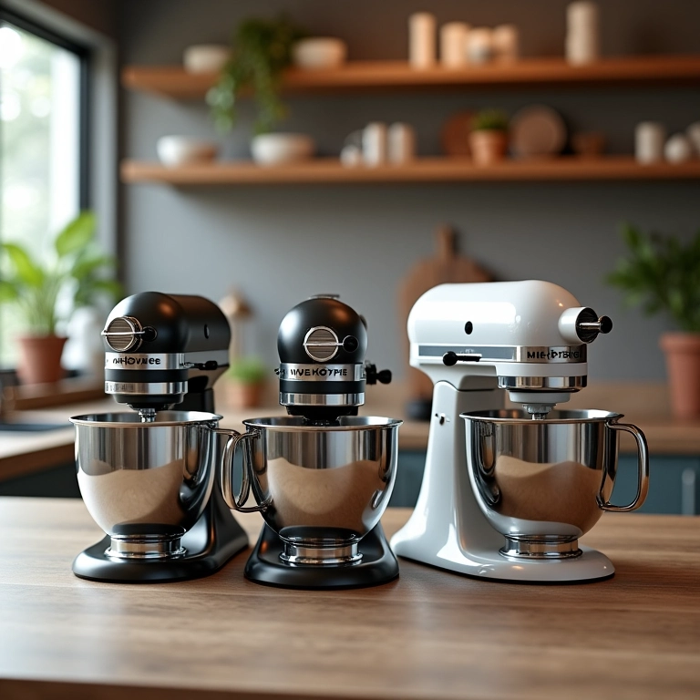 Diversos modelos de mixers em uma bancada de cozinha.