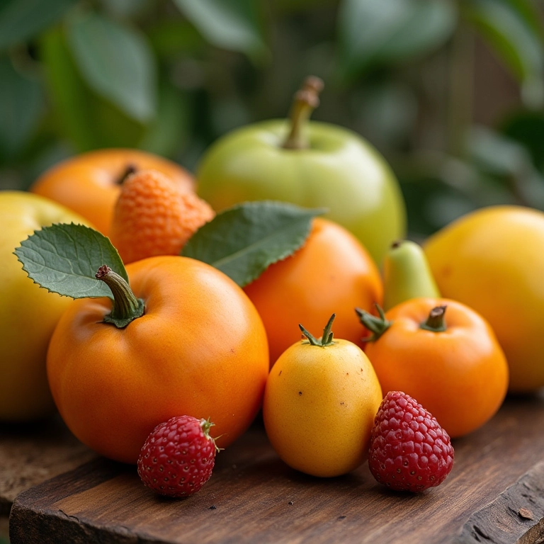 Diversos porta-enxertos para árvores frutíferas exibidos sobre mesa de madeira.