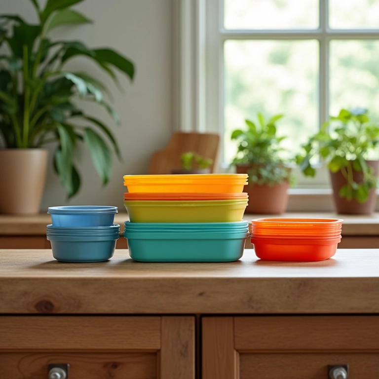 Diversos potes coloridos para marmitas em uma prateleira de cozinha com decoração brasileira.
