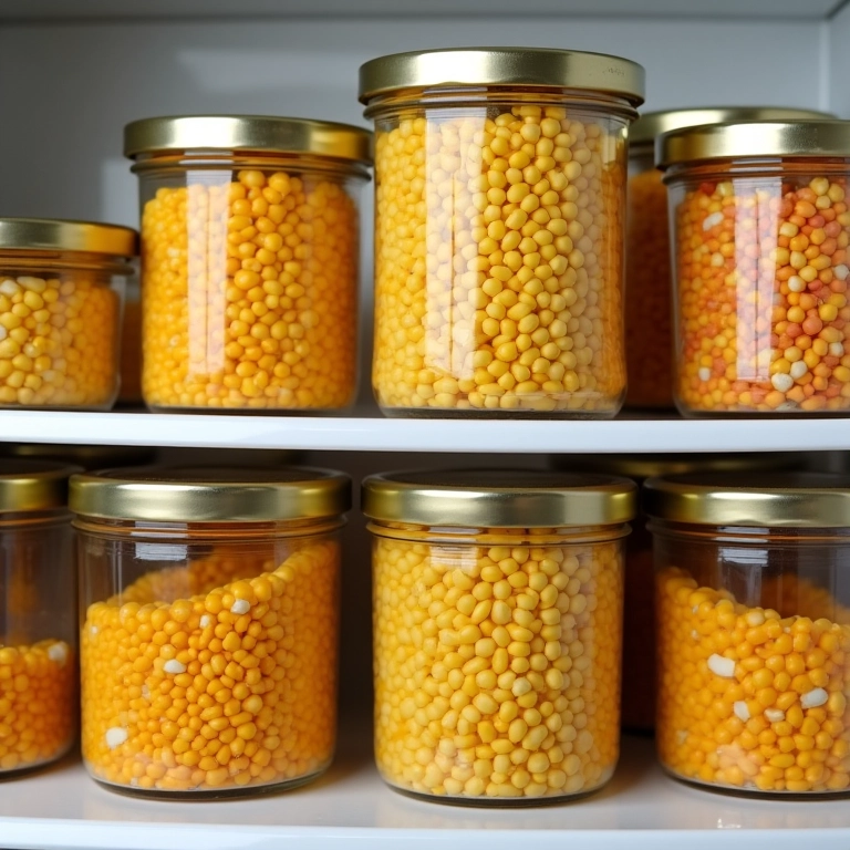 Diversos pratos de milho armazenados em potes de vidro na geladeira.