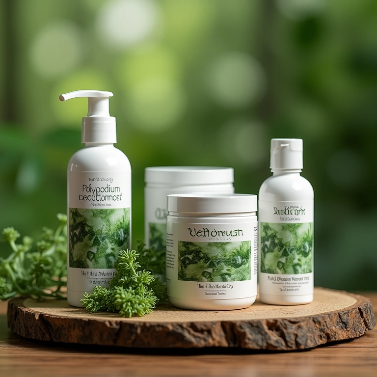 Diversos produtos nutricosméticos com Polypodium Leucotomos em exibição.