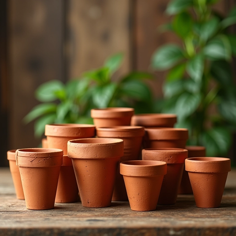Diversos vasos de terracota ideais para o cultivo de açafrão.