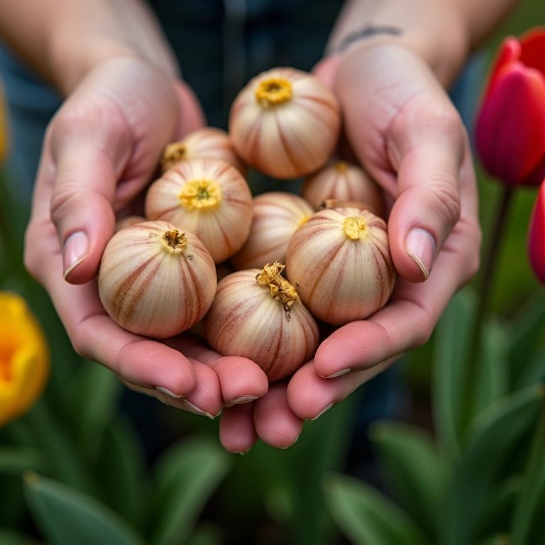 Dividindo bulbos de tulipas para propagação.