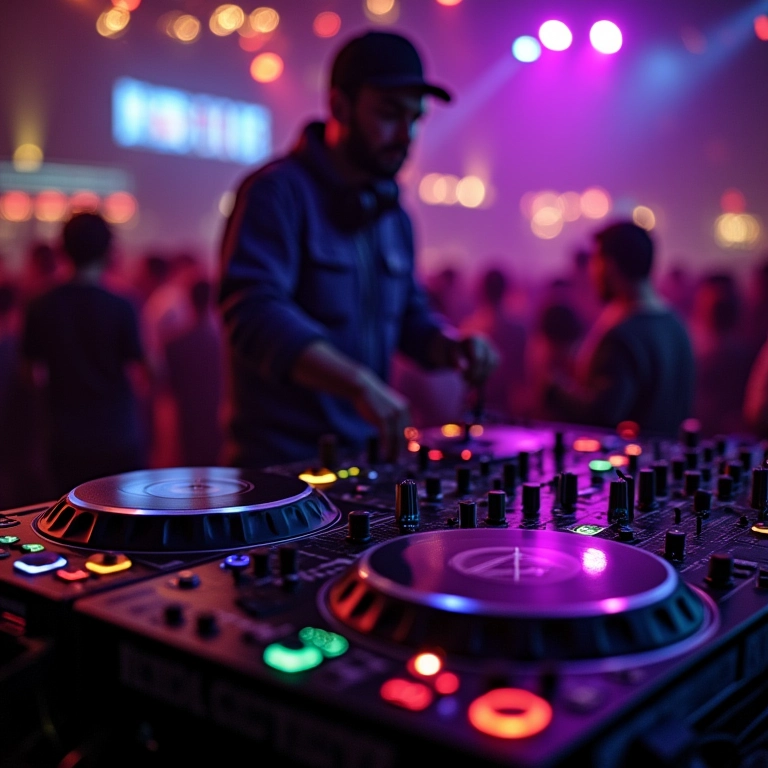 DJ mixando reggaeton e hip hop em boate.