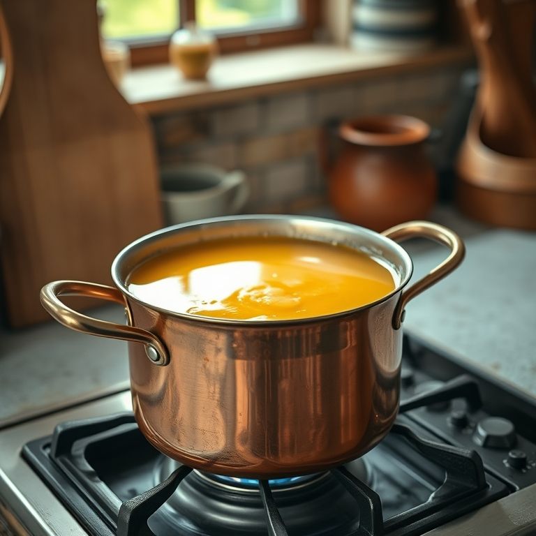 Doce de leite cozinhando lentamente em fogo baixo em panela de cobre.
