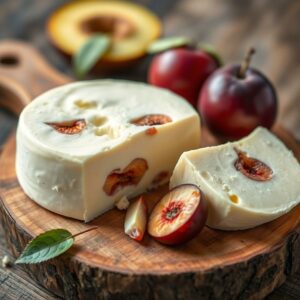 Doce de leite de corte cremoso com ameixas em pedaços, pronto para servir.