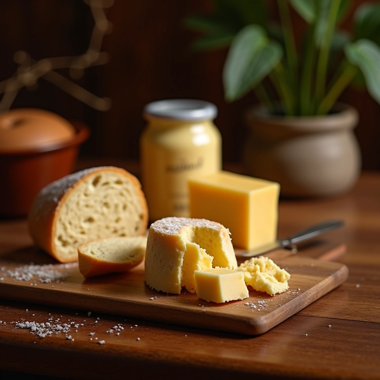 Doce de leite Rocca, queijo e pão em mesa de madeira em Minas Gerais.