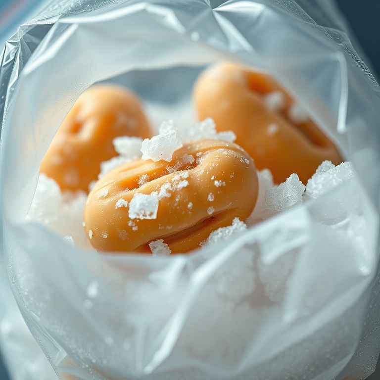 Doces de amendoim congelados em um saco, textura congelada visível.