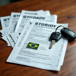 Documentos do carro (CRV e CRLV) organizados com chaves e broche da bandeira do Brasil.