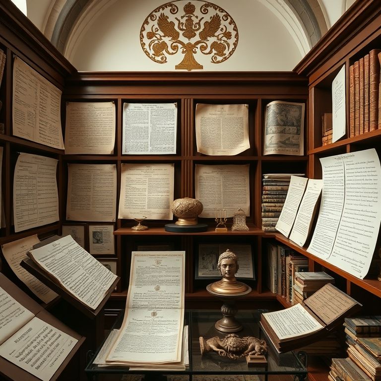 Documentos e artefatos históricos expostos nos Arquivos do Vaticano.