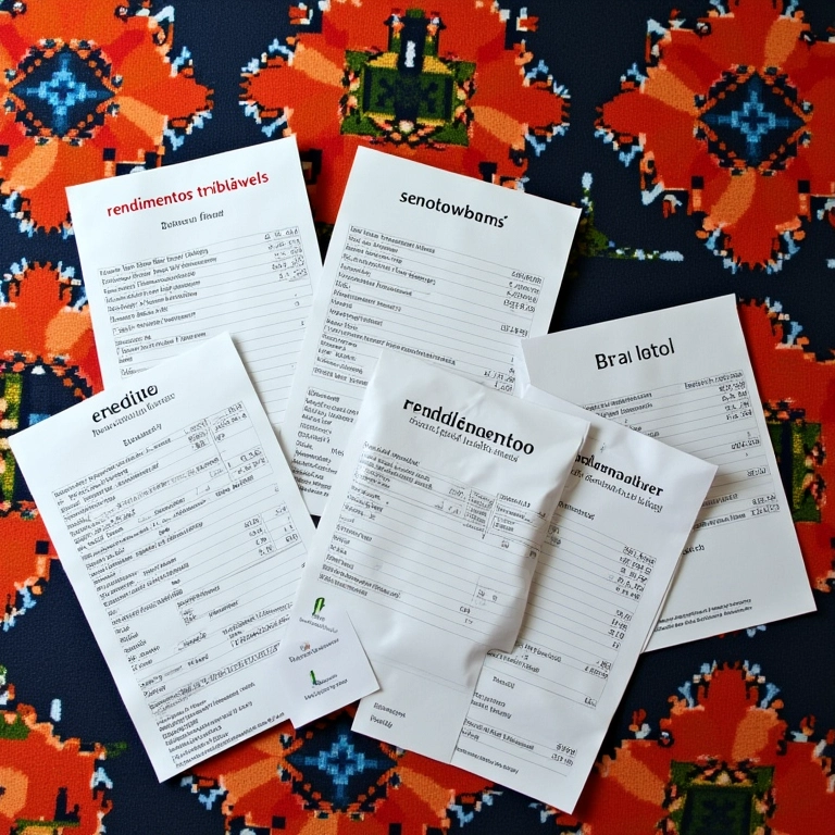 Documentos financeiros e a frase 'rendimentos tributáveis' em destaque.