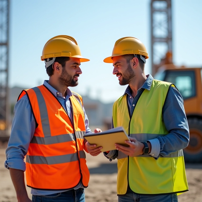 Dois engenheiros civis discutindo projeto, representando uma Sociedade Simples.