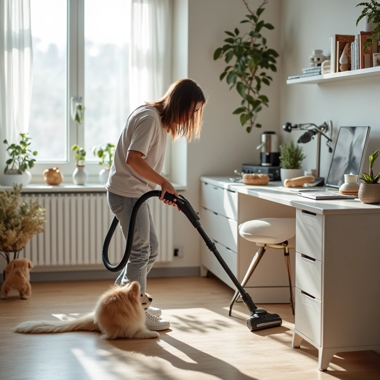 Dono aspirando pelos de animais em um escritório.