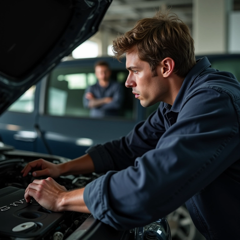 Dono de carro preocupado inspecionando o motor após uso prolongado de GNV.