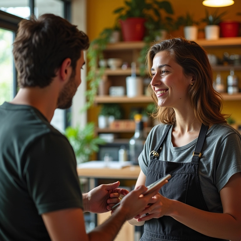 Dono de loja construindo relacionamento duradouro com cliente via WhatsApp.