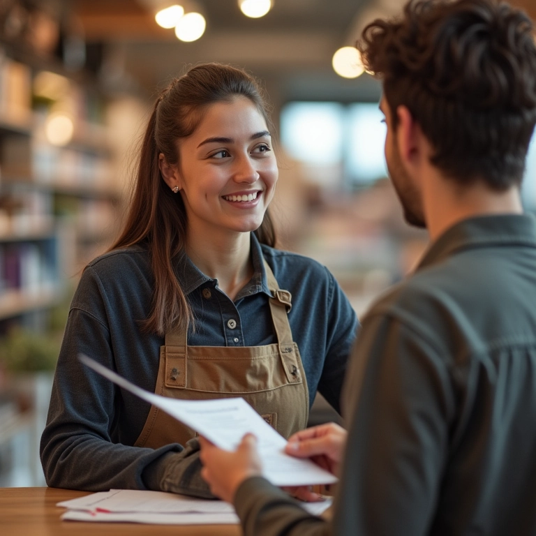 Dono de loja explicando política de trocas.
