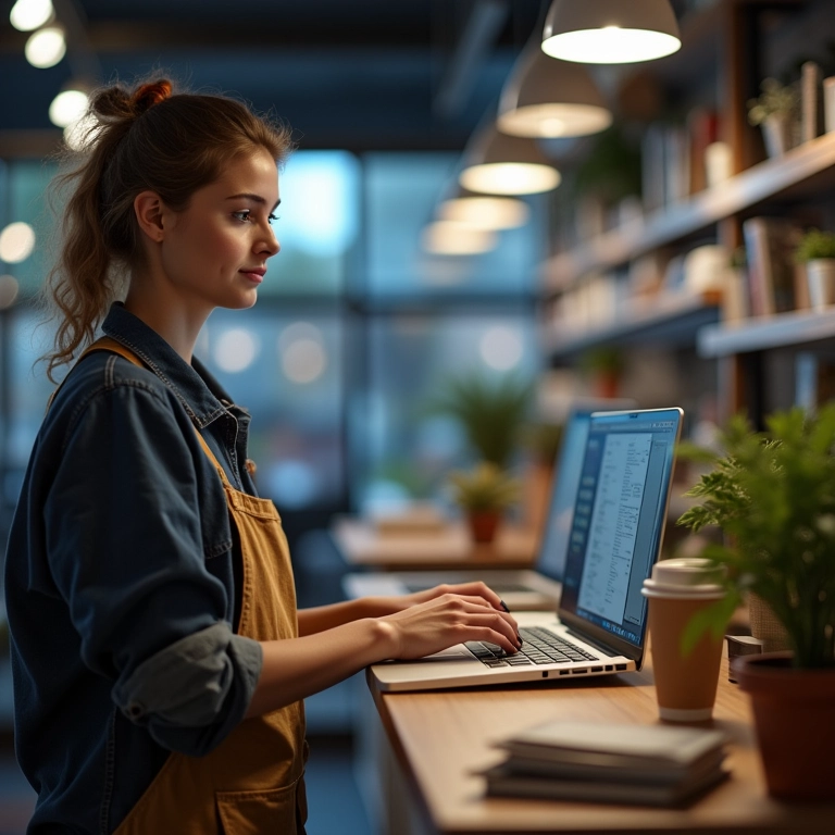 Dono de loja usando software para gerenciar trocas.