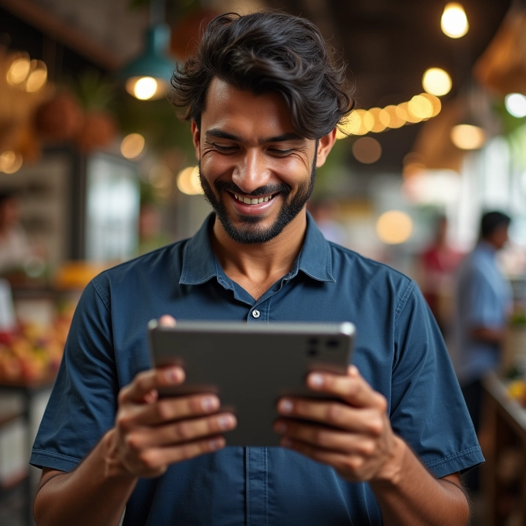 Dono de microfranquia sorrindo enquanto gerencia o negócio em um tablet.