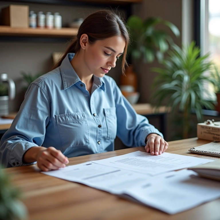 Dono de negócio organizando documentos de segurança alimentar.