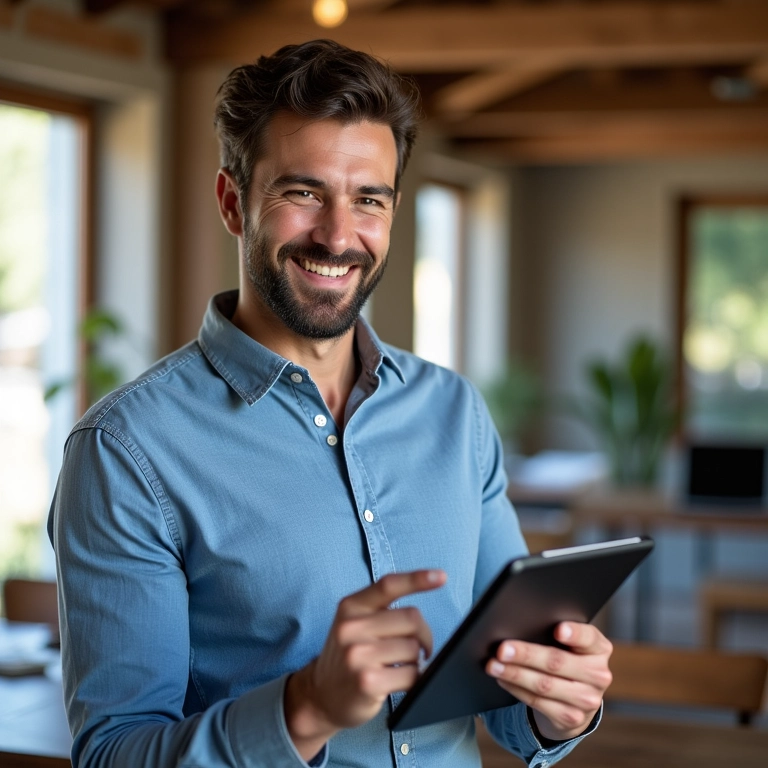 Dono de negócio sorrindo ao ver ROI de anúncios do Facebook.