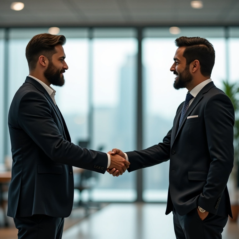 Donos de empresas apertando as mãos em escritório brasileiro moderno, simbolizando parceria estratégica.