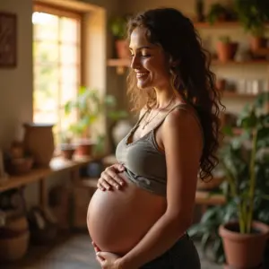 Doula acompanhando gestante em ambiente acolhedor e colorido.