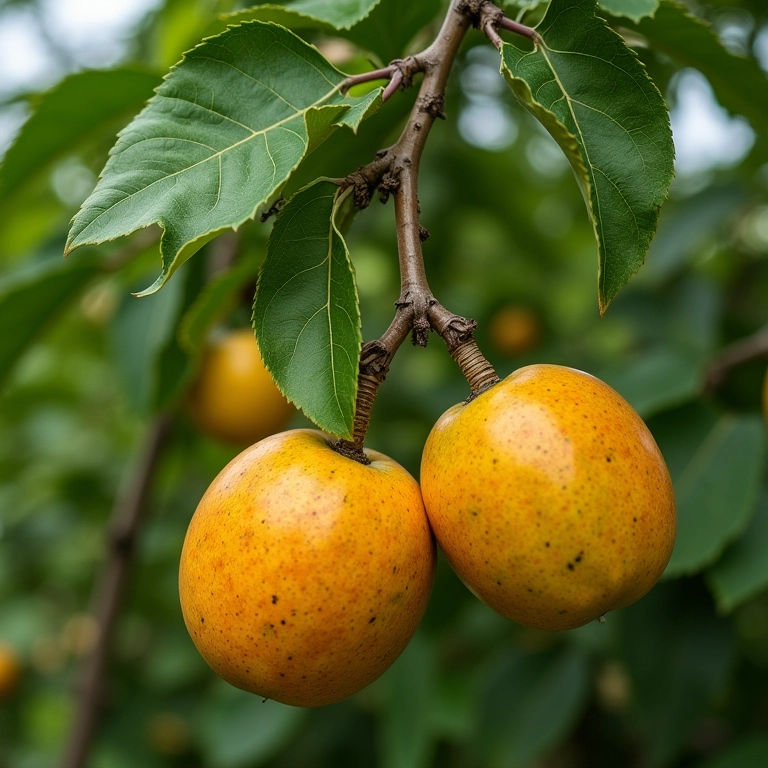 Duas árvores frutíferas unidas por enxertia de encostia em um jardim exuberante.