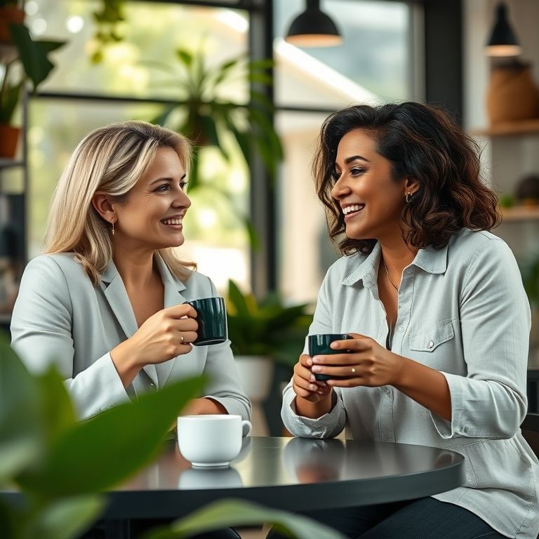Duas empreendedoras brasileiras trocando ideias em um café iluminado.