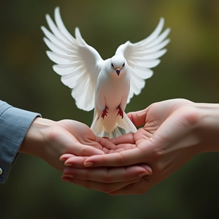 Duas mãos soltando uma pomba branca, reconciliação.