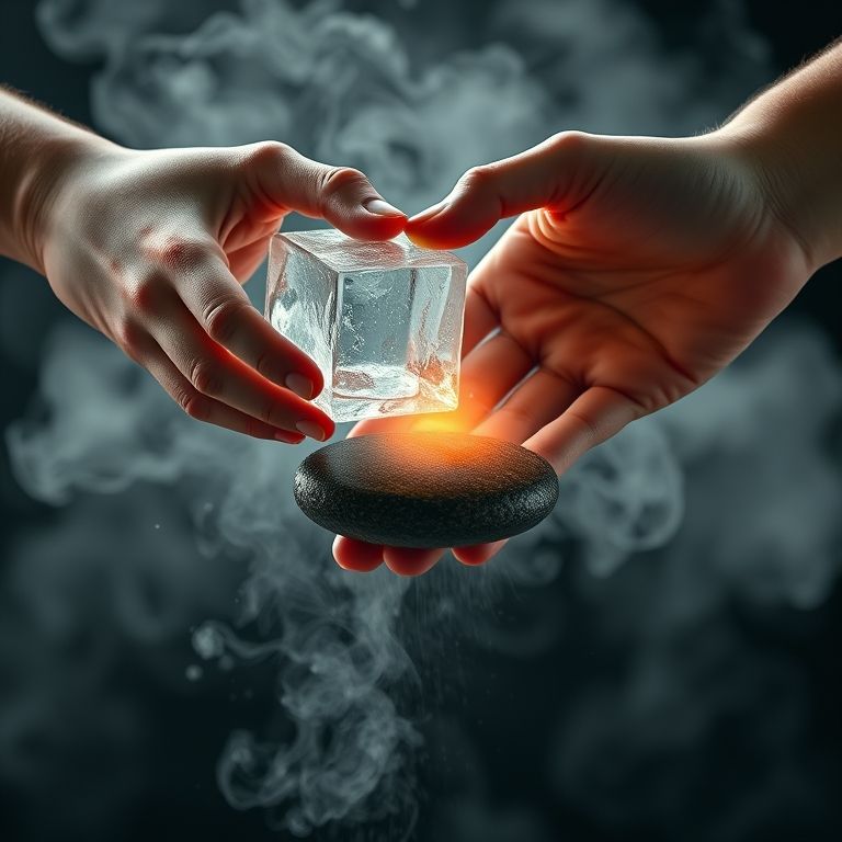 Duas mãos, uma com gelo e outra com pedra quente, buscando equilíbrio.