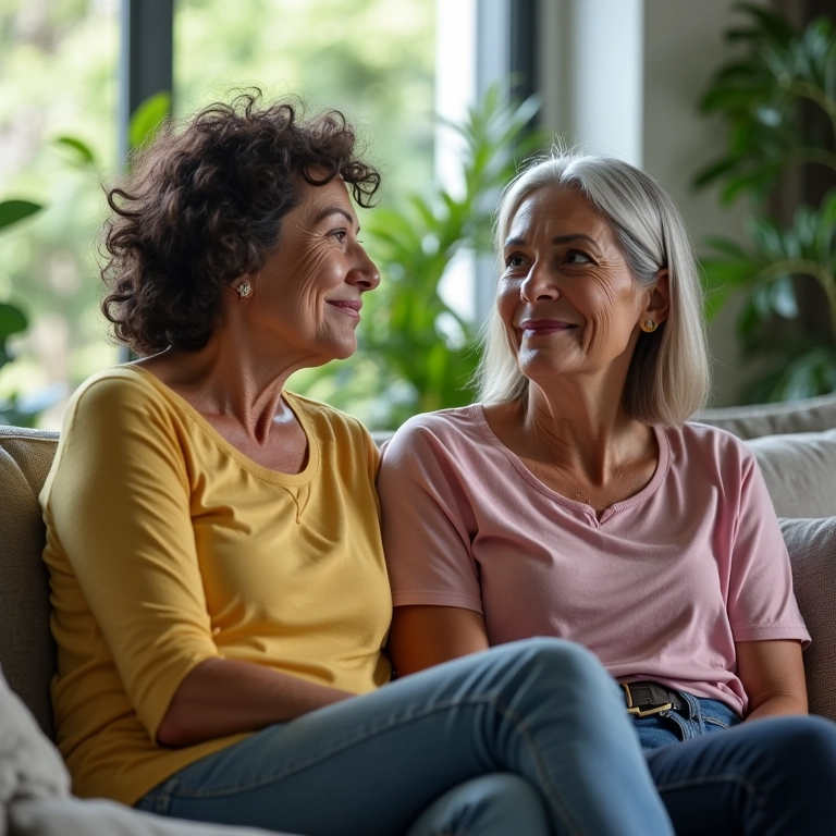 Duas mulheres brasileiras conversando em um sofá, plantas ao fundo.