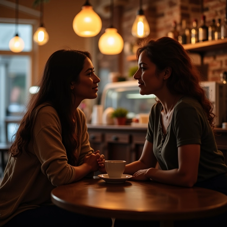 Duas mulheres conversando, uma confortando a outra em uma cafeteria.