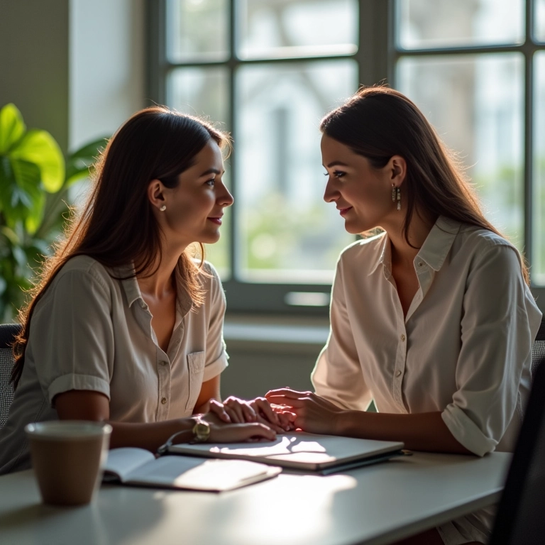Duas mulheres discutindo tarefas e estratégias em escritório colaborativo brasileiro.