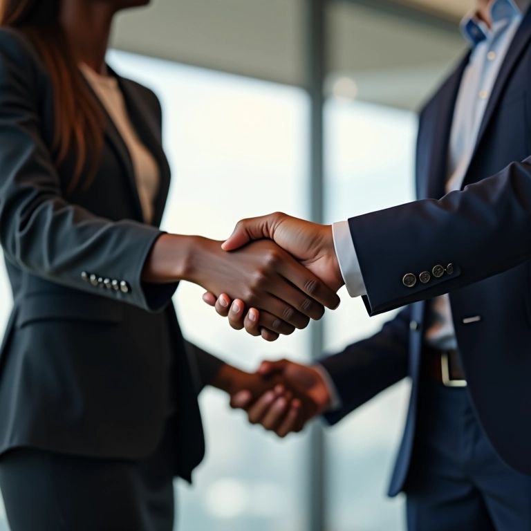 Duas pessoas apertando as mãos sobre um contrato de renegociação de dívida.