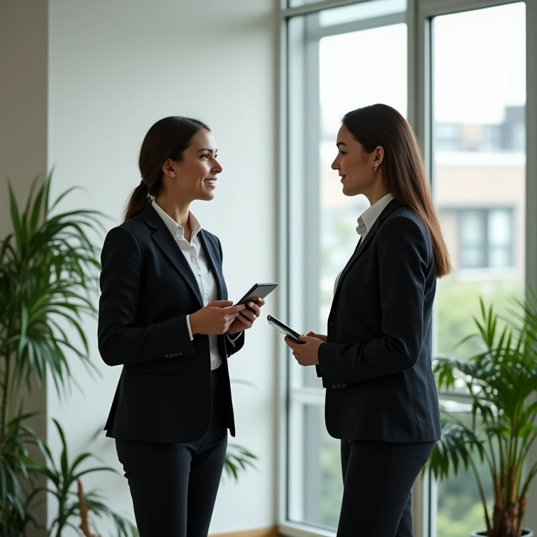 Duas pessoas se comunicando de forma eficaz em um escritório minimalista.