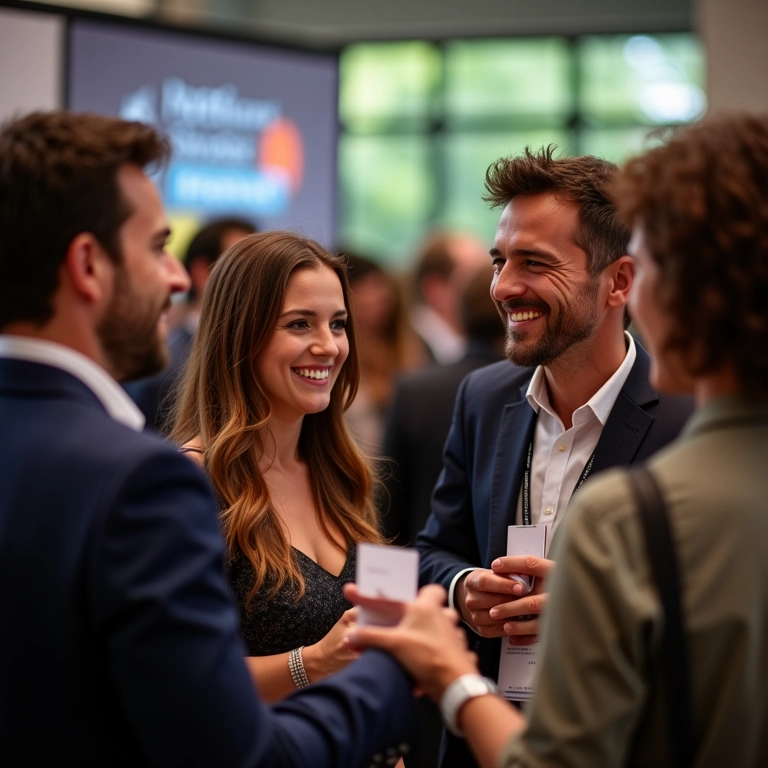 Dubladores brasileiros fazendo networking em evento.