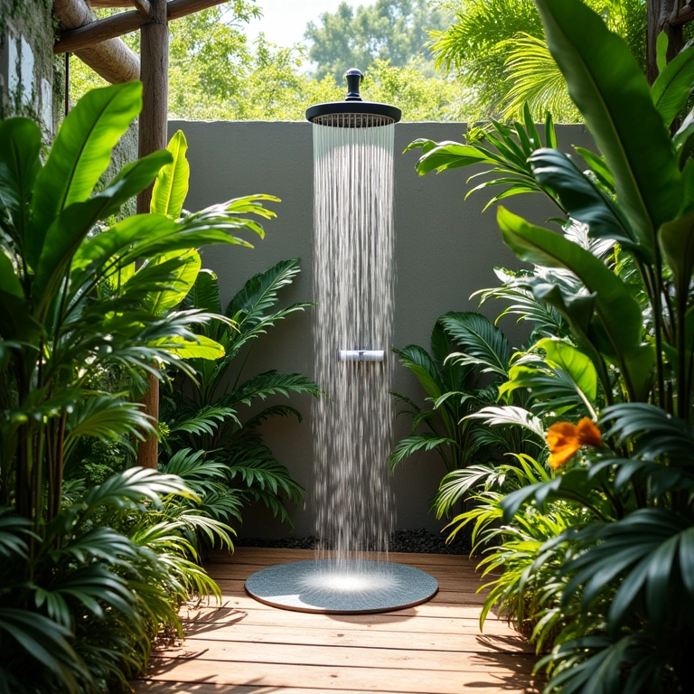 Ducha externa cercada por plantas tropicais vibrantes e exuberantes.