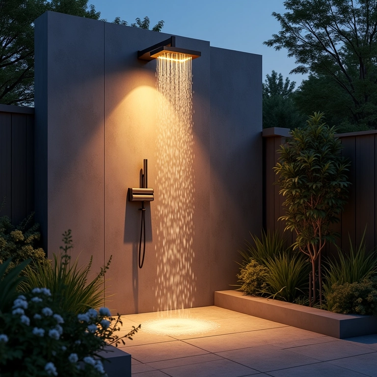 Ducha externa com iluminação indireta criando um ambiente relaxante.