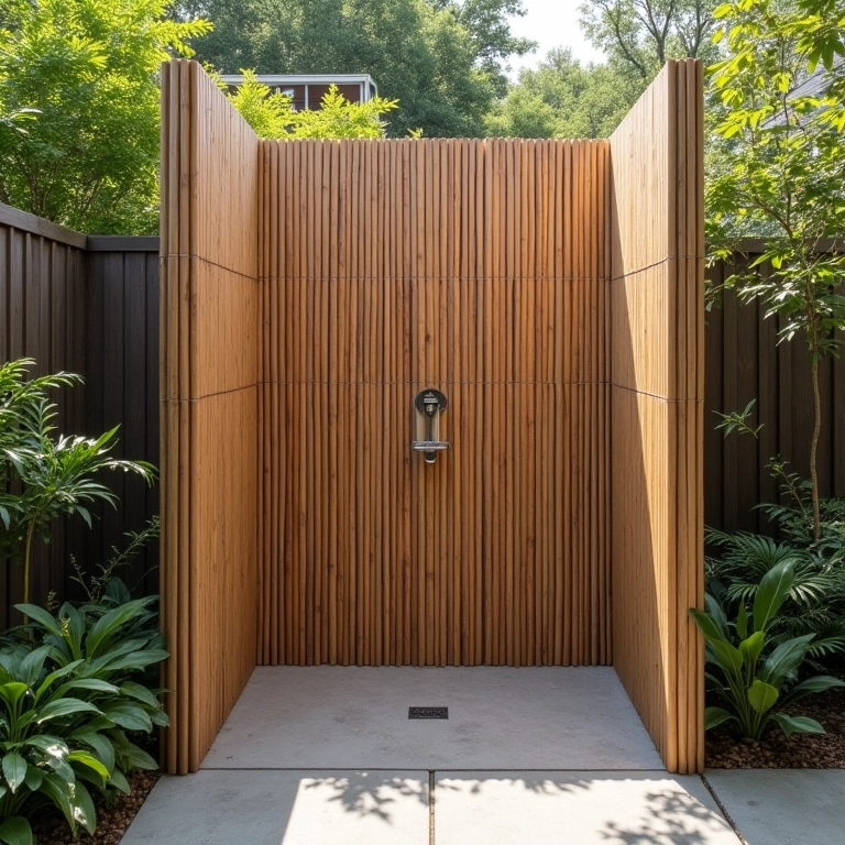 Ducha externa com painel de bambu para privacidade e estética natural.