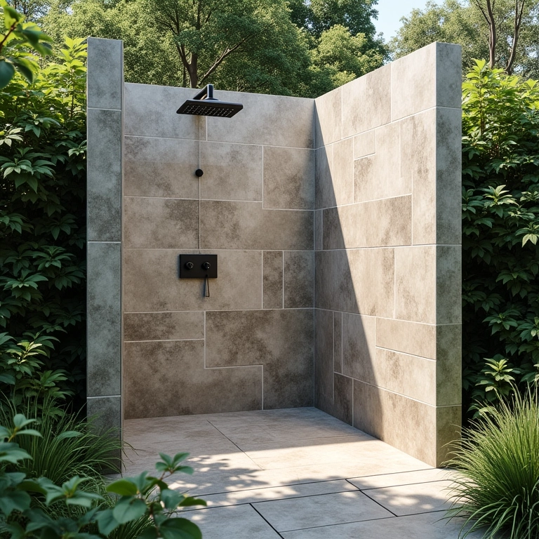 Ducha externa com revestimento de pedra natural e vegetação exuberante.